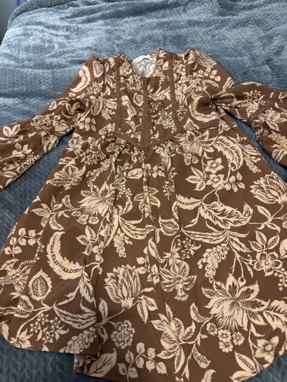 T.J.Maxx Brown and Cream Floral Long-Sleeve Dress
